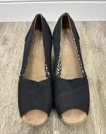 Toms  Size 8 Black Wedge Peep Toe Shoes Wedge Heels Canvas Espadrilles Cork