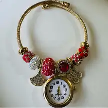 Elegant Gold & Red Bohemian Charm Bracelet with Watch One Size Stainless Steel