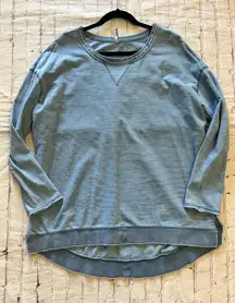 Z Supply Weekender OverSized Sweatshirt Side Slits Distressed Striped Blue Large