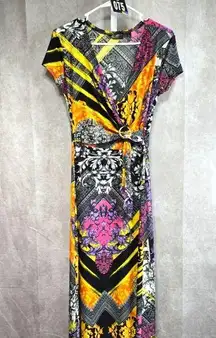 Mlle Gabrielle Black Orange Floral Wrapped Short Sleeve Maxi Dress Size S 075