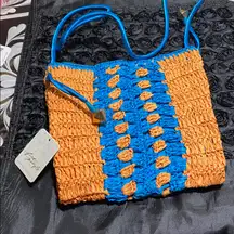 Free People Heatwave Crossbody Cinch Bag Woven Straw Turquoise Combo