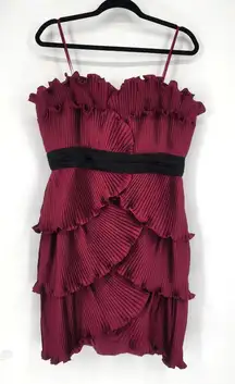 Max & Cleo Lipstick Red Pleated Ruffle Strapless Dress Black Waistband 14