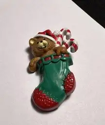 Hallmark 1985  Cards Brown Bear In Stocking Candy Cane Christmas Brooch Pin