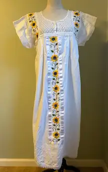 White Embroidered Sunflower Maxi Dress Mexican Folk Art Style Boho whimsi floral