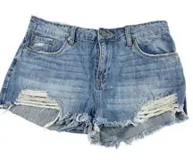 BP  Medium Blue Wash Denim Shorts Sz 29 Distressed Mid Rise