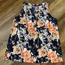 Anne Carson navy tank with coral flowers in size Small