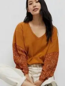 Anthropologie 'Anette' Orange Floral Waffle Knit Long Sleeve Shirt Medium