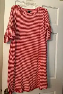 Kaari Blue.  Red and white striped tshirt dress with ruffled sleeves. Size Large