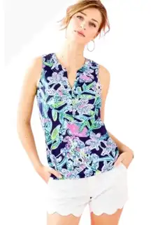 Lilly Pulitzer Shirt Women Small Navy Sway This Way V Neck Floral Essie Top Boho