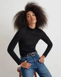 Sweater Alpaca-Blend Mockneck Sheer Ribbed Long Sleeve Black S NWT New