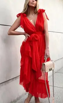 Vici Carrie in Paris Tie Shoulder Tulle Tiered Polka Dot Midi Dress