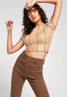 MOTEL Tinara Mushroom Print Neutral Crop Top Size Small NEW NWT