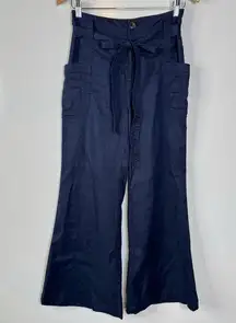 Anthropologie Linen Blend Navy Belted Wide Leg Pants Size 25