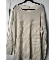Chico's Size 3 (XL) Tunic Sweater Ivory Gold Zebra Animal Print Stud Embellished