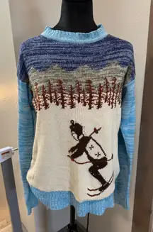 Vintage Knit Ski Sweater Mock Neck Blue White Alps Skiing Winter Art to Wear M‎