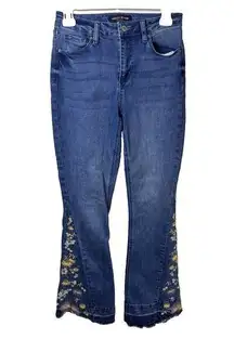 Ashley Mason Premium Embroidered Jeans 5/27 Blue Bell Bottom Flower Frayed Hem