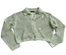 Very J Lime Green Crochet Button Down Boxy Oversized Crop Collared Sweater Small