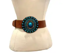 Vintage Olga Santini Tooled leather belt with Rhinestone metal Buckle