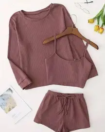 3 Piece Lounge Set, Long Sleeve Top, Cami Top & Elastic Waistband Shorts