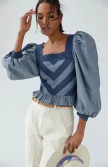 Anthropologie NWT  Love the Label Denim Puff Sleeve Smocked Blouse