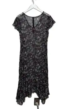 Gypsy 05 Women M Black Cream Red Floral Midi Dress Sheer Flutter Sleeve Hanky