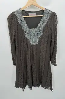 Pretty Angel Tunic WOmen Large Gray Lace V Neck Silk Blend Whimsigoth Dark Fairy
