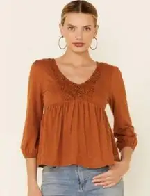 NWT Derek Heart Cognac Knit Lace Trim Three Quarter Sleeve Peasant Top M