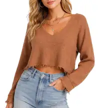 Free People Womens Cropped Boho Wool Blend Knit Sweater S Fringe Hem V Neck