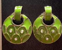 Green Retro Clip-Ons Rhinestone Earrings
