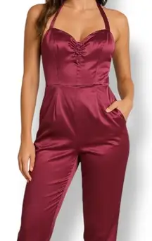 Unique Vintage Burgundy Satin Halter Jumpsuit Evening Glam Party 6 8 Open Back