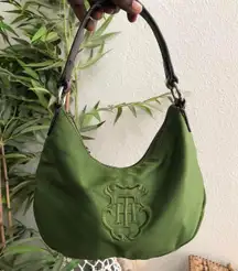 Unique Green  large monogram print shoulder hand bag purse- preppy, schoolgirl, collegiate, academia Approx 9.5” wide x 5.5” tall Great preloved condition