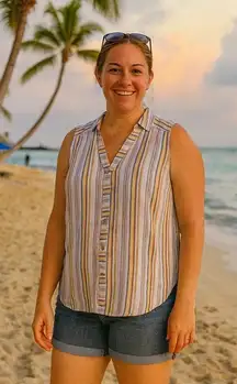 For‎ Cynthia Women PXL Multicolor Stripe Button Down Sleeveless Top Linen Cotton