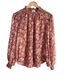 Joie  Mock Neck Smocked Sheer Floral Blouse Long Puff Sleeves Burgundy Red, Med