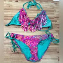 Raisin’s | Turquoise & Pink Fringe Front String Bikini Set | Size Medium/Large
