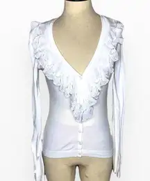 CABI White Lace Ruffle Trim Long Sleeve Cardigan S