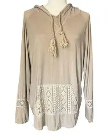 Pol Beige Hooded Top Boho Knit Pocket Lightweight Rayon Stretch Womens Large