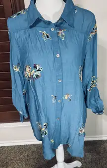 Anthropologie Fig & Flower Button Up Blouse Embroidered Teal Green sz XL