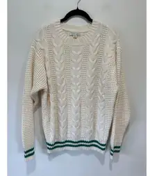 American Eagle cream knit sweater size M green stripes preppy round neck texture