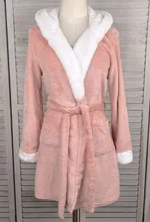 Hooded Robe Soft Fleece w Pockets Pink/White-Small