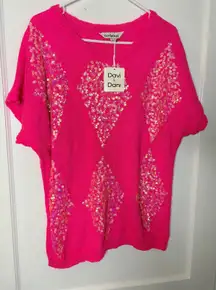 Davi & Dani Women's Pink Sequin Diamond Knit Short Sleeve Sweater Top