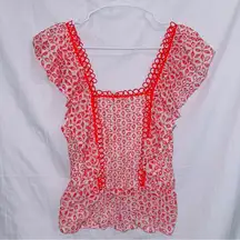 Sugar Lips Red White Eyelet Lace Ruffle Sleeve Top size small