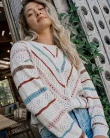 Marine Layer Womens Brooke Crewneck Sweater Cream Colorful Chevron Size Medium