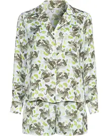 Lands End Matte Satin Pajama Set 2pc White Leopard 3X Long Sleeve Top Shorts