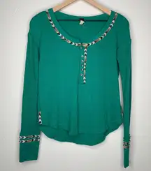 Small Teal Green Thermal Knit Long Sleeve Button Up