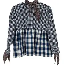 ZARA  Womens Long Sleeve Gingham Top Blouse Floral Neck Tie Blue White Medium