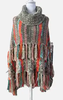 Boho cowl neck turtle neck poncho sweater multicolor 