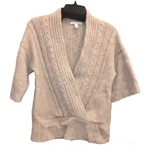 Wool Blend V Neck Cable Knit Faux Wrap Short Sleeve Tan Brown S