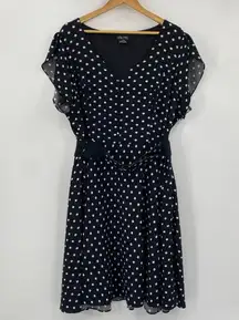 City Chic Dress Belted Fit & Flare V Neck Mini Polka Dot Black Plus Womens 20W