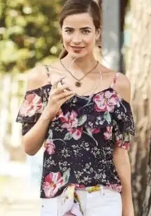 Cabi #5220 Fairytale Floral Blouse Cold Shoulder Romantic Black Pink Size XS‎