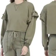 7FAMK 7 For All Mankind Ruffle Shoulder Sleeve Cropped Army Green Sweatshirt S
